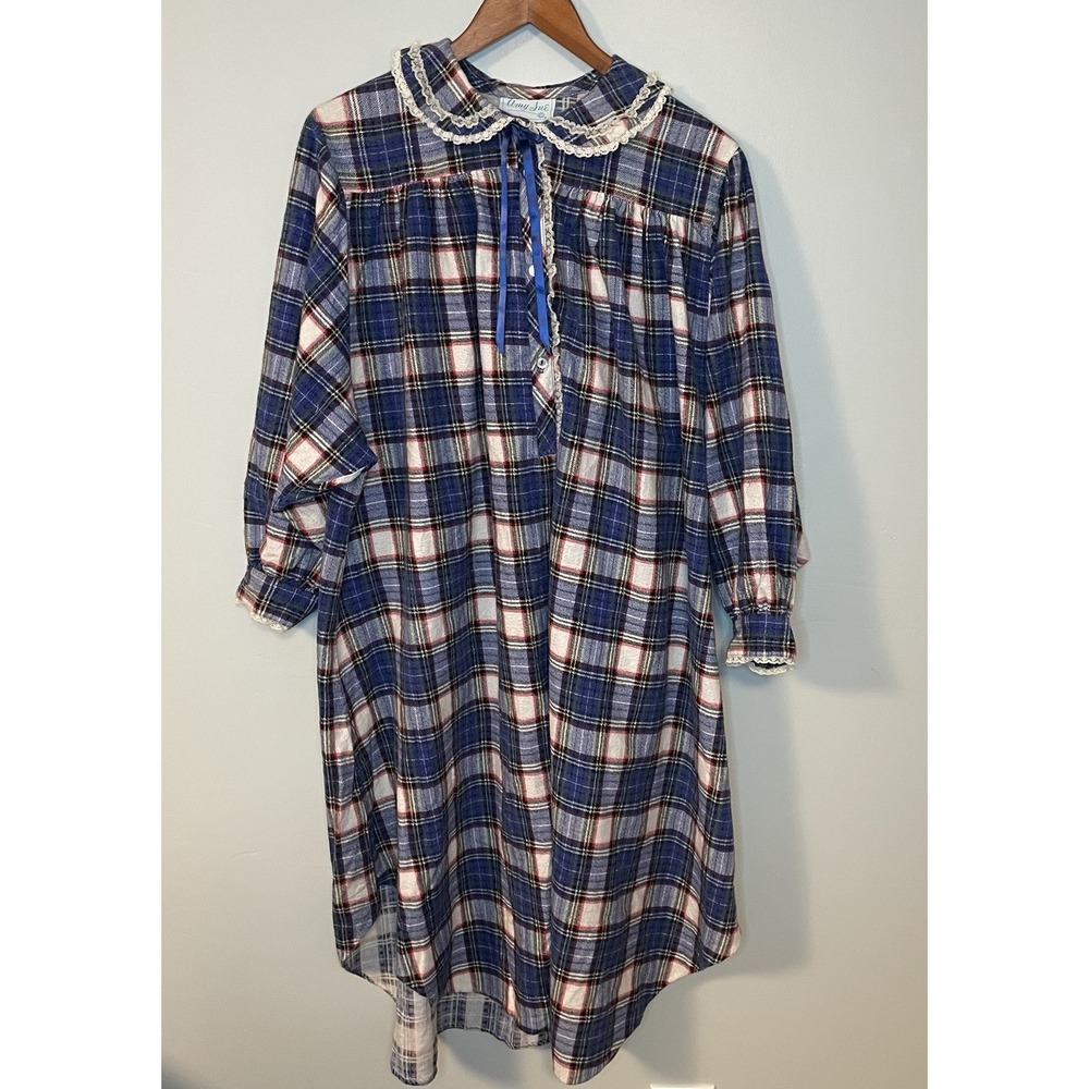 Amy Sue Nightgown Flannel Long‎ Sleeve Pockets Blue Plaid Medium